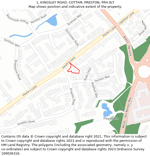 1, KINGSLEY ROAD, COTTAM, PRESTON, PR4 0LT: Location map and indicative extent of plot