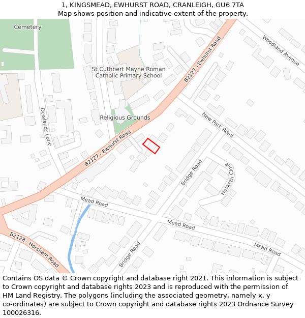 1, KINGSMEAD, EWHURST ROAD, CRANLEIGH, GU6 7TA: Location map and indicative extent of plot