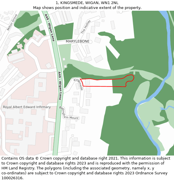 1, KINGSMEDE, WIGAN, WN1 2NL: Location map and indicative extent of plot