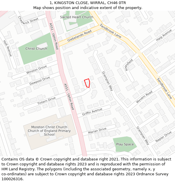 1, KINGSTON CLOSE, WIRRAL, CH46 0TR: Location map and indicative extent of plot