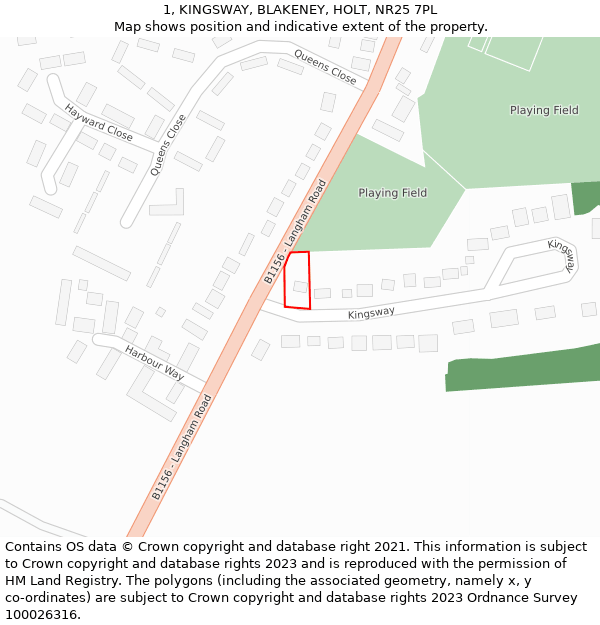 1, KINGSWAY, BLAKENEY, HOLT, NR25 7PL: Location map and indicative extent of plot