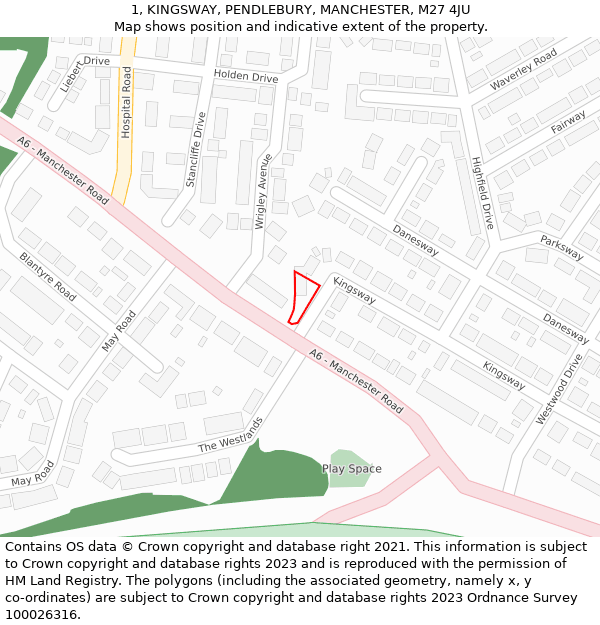 1, KINGSWAY, PENDLEBURY, MANCHESTER, M27 4JU: Location map and indicative extent of plot