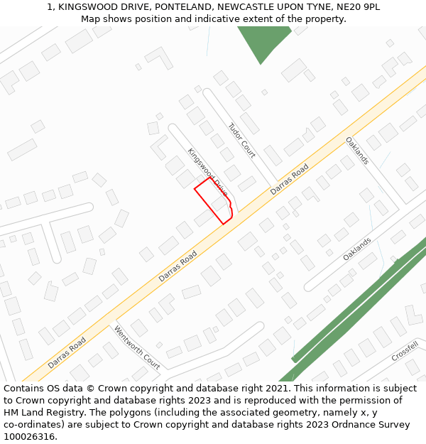 1, KINGSWOOD DRIVE, PONTELAND, NEWCASTLE UPON TYNE, NE20 9PL: Location map and indicative extent of plot