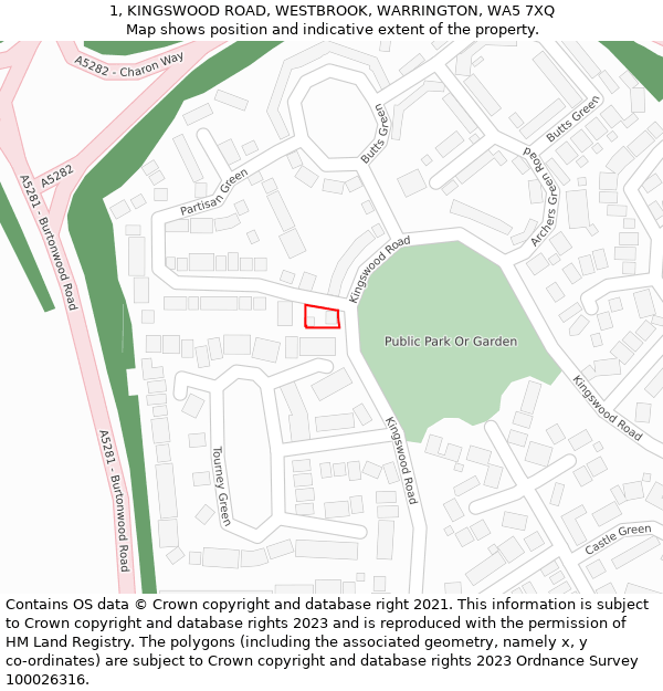 1, KINGSWOOD ROAD, WESTBROOK, WARRINGTON, WA5 7XQ: Location map and indicative extent of plot