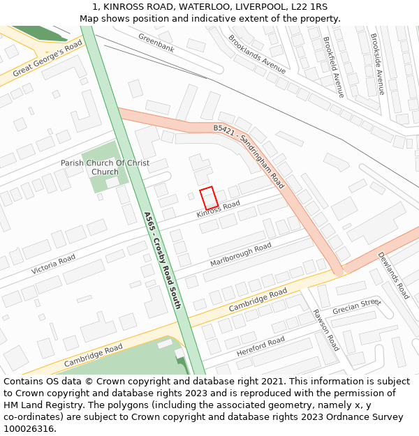 1, KINROSS ROAD, WATERLOO, LIVERPOOL, L22 1RS: Location map and indicative extent of plot