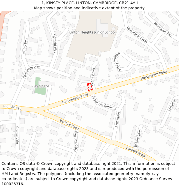 1, KINSEY PLACE, LINTON, CAMBRIDGE, CB21 4AH: Location map and indicative extent of plot