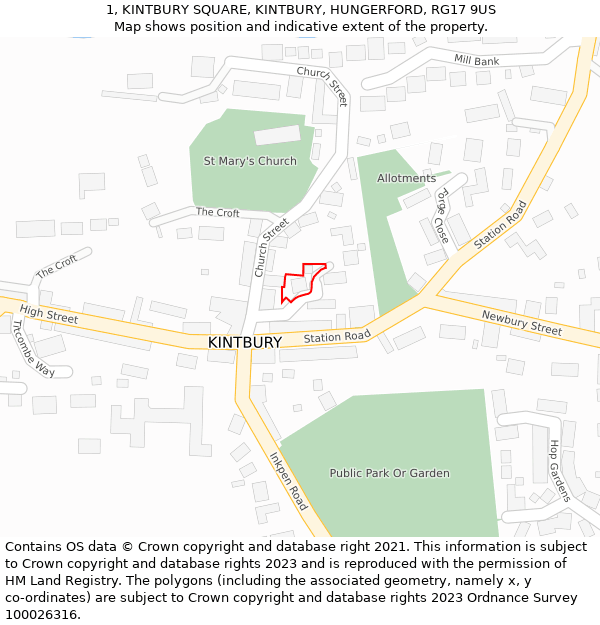 1, KINTBURY SQUARE, KINTBURY, HUNGERFORD, RG17 9US: Location map and indicative extent of plot