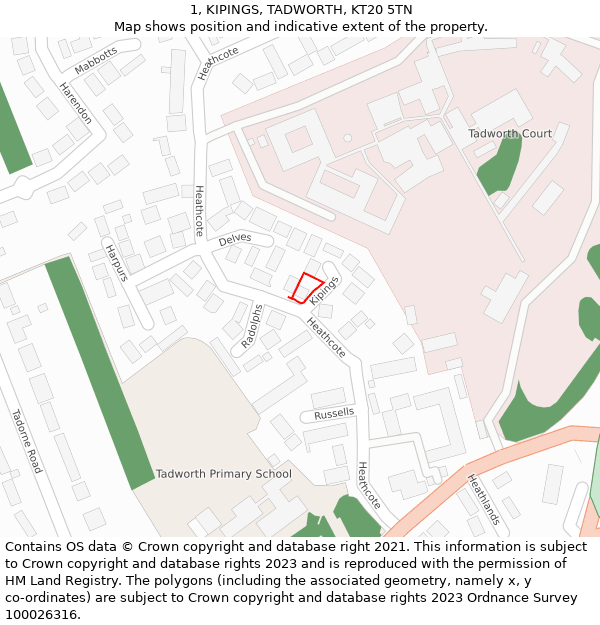 1, KIPINGS, TADWORTH, KT20 5TN: Location map and indicative extent of plot