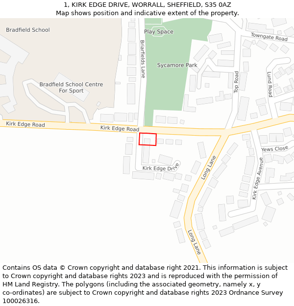 1, KIRK EDGE DRIVE, WORRALL, SHEFFIELD, S35 0AZ: Location map and indicative extent of plot