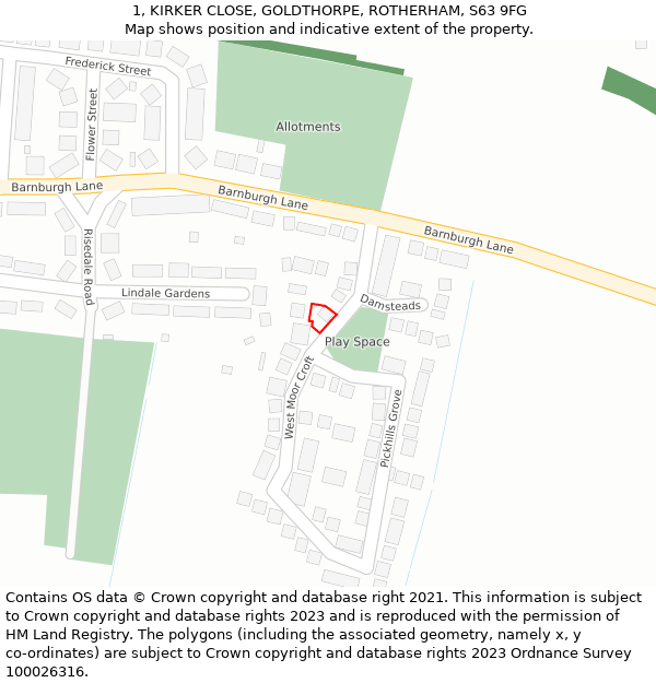 1, KIRKER CLOSE, GOLDTHORPE, ROTHERHAM, S63 9FG: Location map and indicative extent of plot