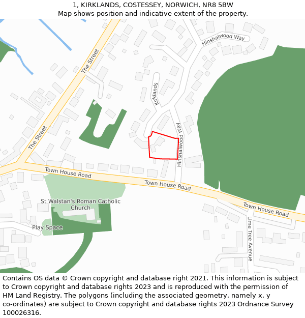 1, KIRKLANDS, COSTESSEY, NORWICH, NR8 5BW: Location map and indicative extent of plot