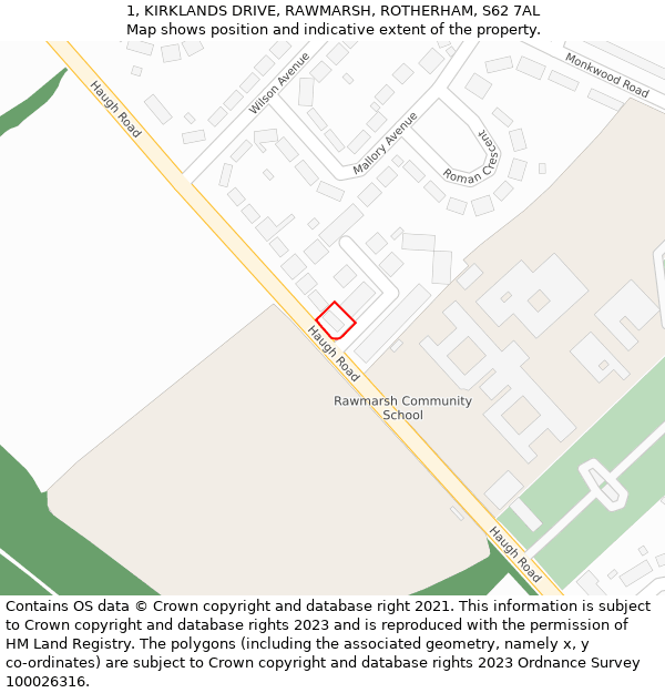 1, KIRKLANDS DRIVE, RAWMARSH, ROTHERHAM, S62 7AL: Location map and indicative extent of plot