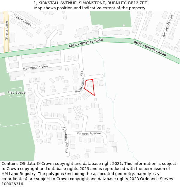 1, KIRKSTALL AVENUE, SIMONSTONE, BURNLEY, BB12 7PZ: Location map and indicative extent of plot