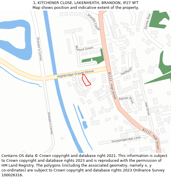 1, KITCHENER CLOSE, LAKENHEATH, BRANDON, IP27 9FT: Location map and indicative extent of plot