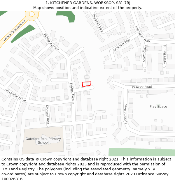 1, KITCHENER GARDENS, WORKSOP, S81 7RJ: Location map and indicative extent of plot