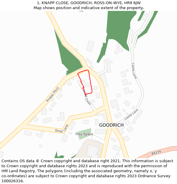 1, KNAPP CLOSE, GOODRICH, ROSS-ON-WYE, HR9 6JW: Location map and indicative extent of plot