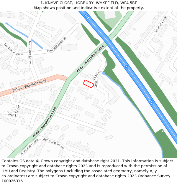 1, KNAVE CLOSE, HORBURY, WAKEFIELD, WF4 5RE: Location map and indicative extent of plot