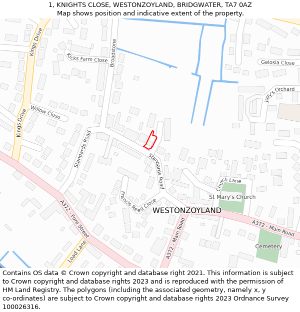 1, KNIGHTS CLOSE, WESTONZOYLAND, BRIDGWATER, TA7 0AZ: Location map and indicative extent of plot