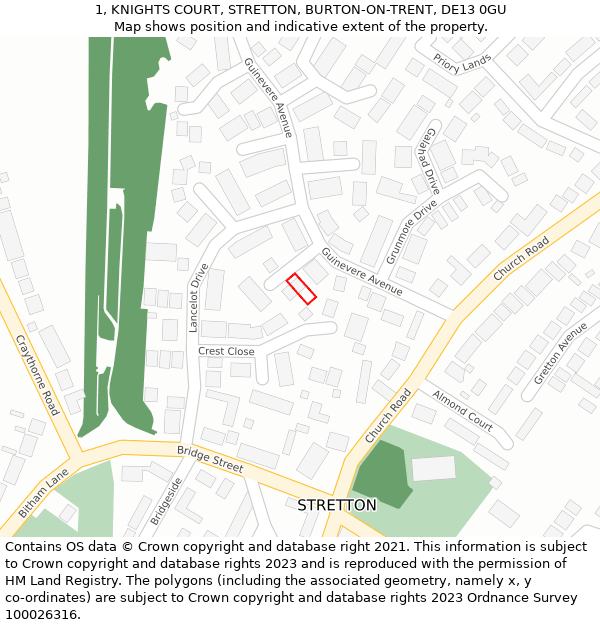 1, KNIGHTS COURT, STRETTON, BURTON-ON-TRENT, DE13 0GU: Location map and indicative extent of plot