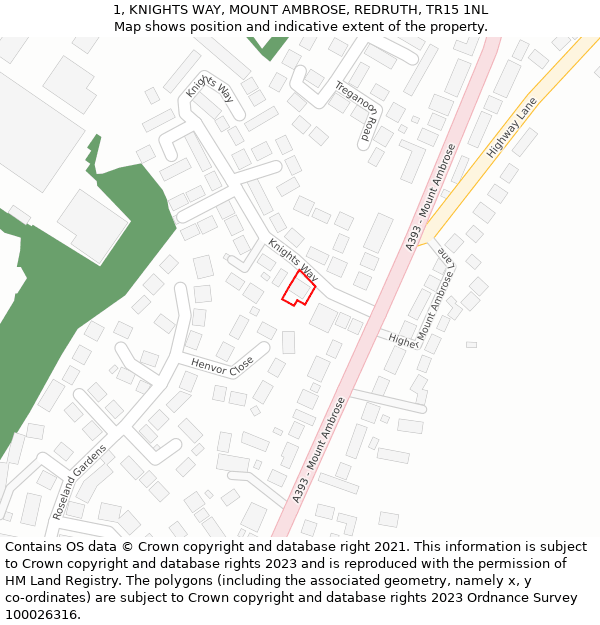 1, KNIGHTS WAY, MOUNT AMBROSE, REDRUTH, TR15 1NL: Location map and indicative extent of plot