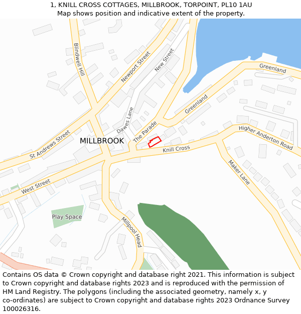 1, KNILL CROSS COTTAGES, MILLBROOK, TORPOINT, PL10 1AU: Location map and indicative extent of plot