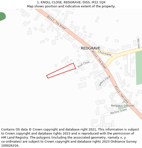 1, KNOLL CLOSE, REDGRAVE, DISS, IP22 1QX: Location map and indicative extent of plot