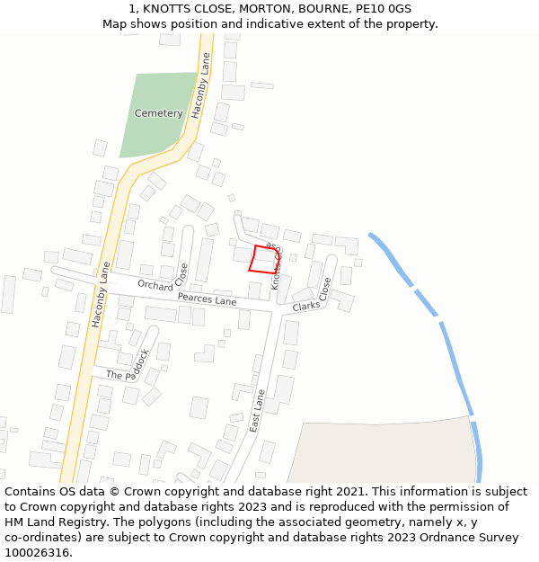 1, KNOTTS CLOSE, MORTON, BOURNE, PE10 0GS: Location map and indicative extent of plot