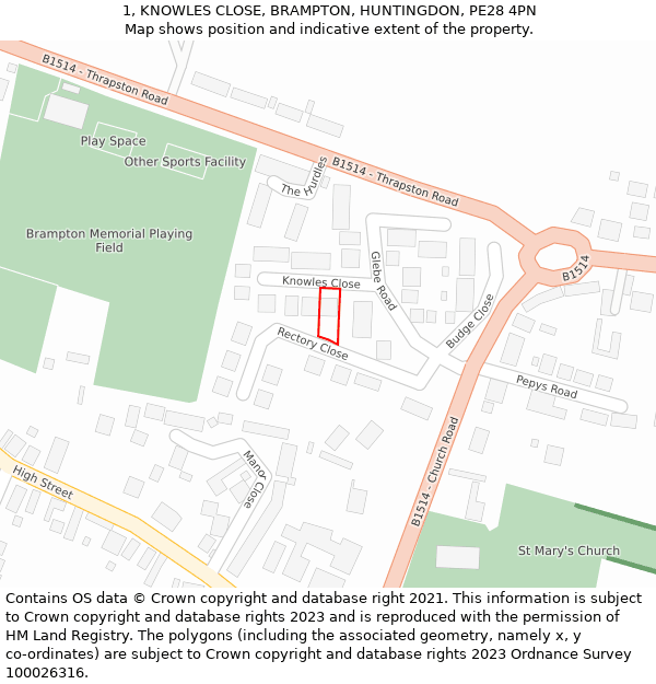 1, KNOWLES CLOSE, BRAMPTON, HUNTINGDON, PE28 4PN: Location map and indicative extent of plot