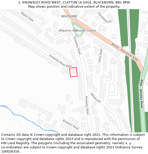 1, KNOWSLEY ROAD WEST, CLAYTON LE DALE, BLACKBURN, BB1 9PW: Location map and indicative extent of plot