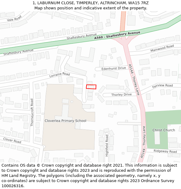 1, LABURNUM CLOSE, TIMPERLEY, ALTRINCHAM, WA15 7RZ: Location map and indicative extent of plot