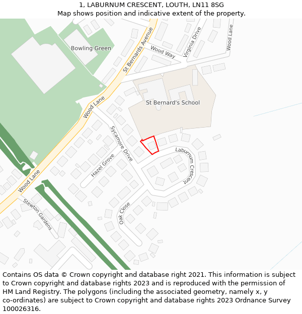 1, LABURNUM CRESCENT, LOUTH, LN11 8SG: Location map and indicative extent of plot