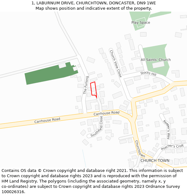 1, LABURNUM DRIVE, CHURCHTOWN, DONCASTER, DN9 1WE: Location map and indicative extent of plot