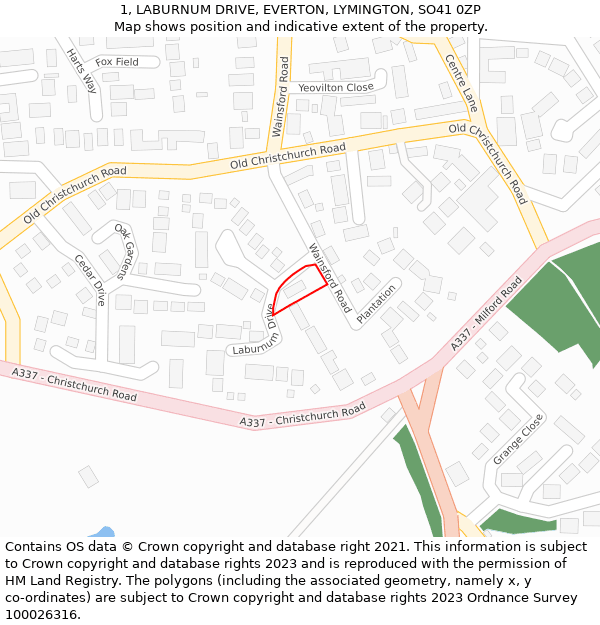 1, LABURNUM DRIVE, EVERTON, LYMINGTON, SO41 0ZP: Location map and indicative extent of plot