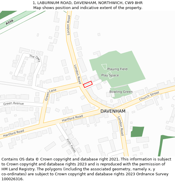 1, LABURNUM ROAD, DAVENHAM, NORTHWICH, CW9 8HR: Location map and indicative extent of plot