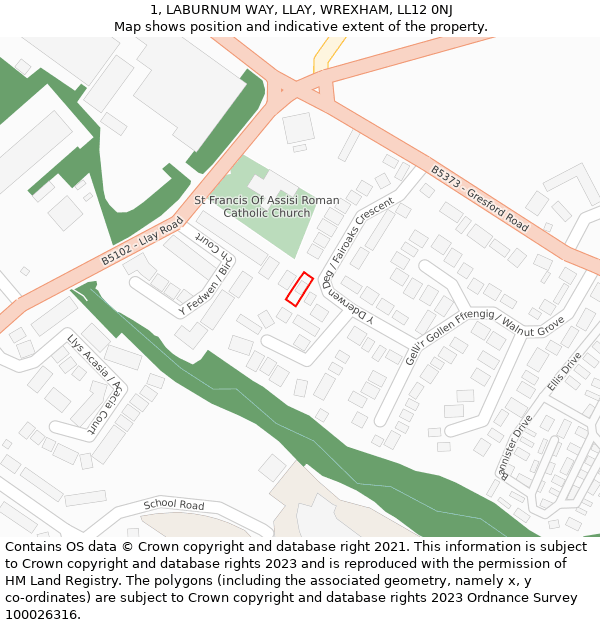 1, LABURNUM WAY, LLAY, WREXHAM, LL12 0NJ: Location map and indicative extent of plot