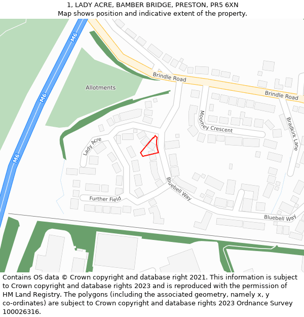 1, LADY ACRE, BAMBER BRIDGE, PRESTON, PR5 6XN: Location map and indicative extent of plot