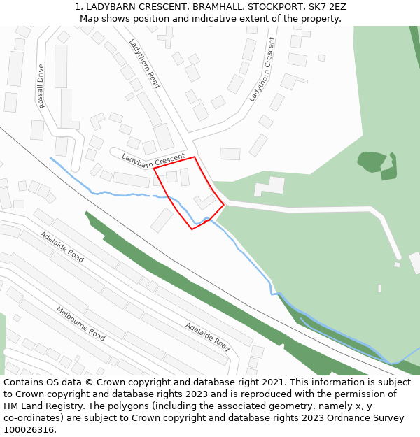 1, LADYBARN CRESCENT, BRAMHALL, STOCKPORT, SK7 2EZ: Location map and indicative extent of plot