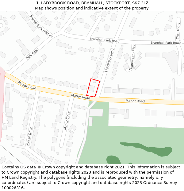1, LADYBROOK ROAD, BRAMHALL, STOCKPORT, SK7 3LZ: Location map and indicative extent of plot