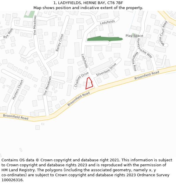 1, LADYFIELDS, HERNE BAY, CT6 7BF: Location map and indicative extent of plot