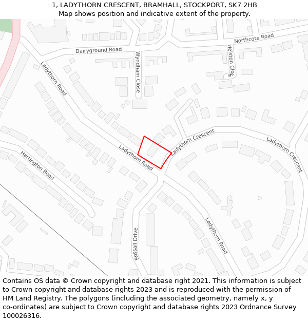 1, LADYTHORN CRESCENT, BRAMHALL, STOCKPORT, SK7 2HB: Location map and indicative extent of plot