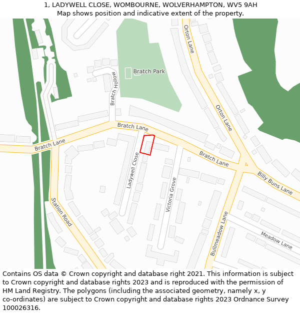 1, LADYWELL CLOSE, WOMBOURNE, WOLVERHAMPTON, WV5 9AH: Location map and indicative extent of plot