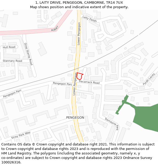 1, LAITY DRIVE, PENGEGON, CAMBORNE, TR14 7UX: Location map and indicative extent of plot