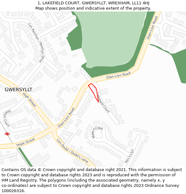 1, LAKEFIELD COURT, GWERSYLLT, WREXHAM, LL11 4HJ: Location map and indicative extent of plot