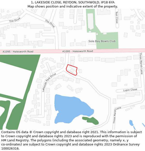 1, LAKESIDE CLOSE, REYDON, SOUTHWOLD, IP18 6YA: Location map and indicative extent of plot