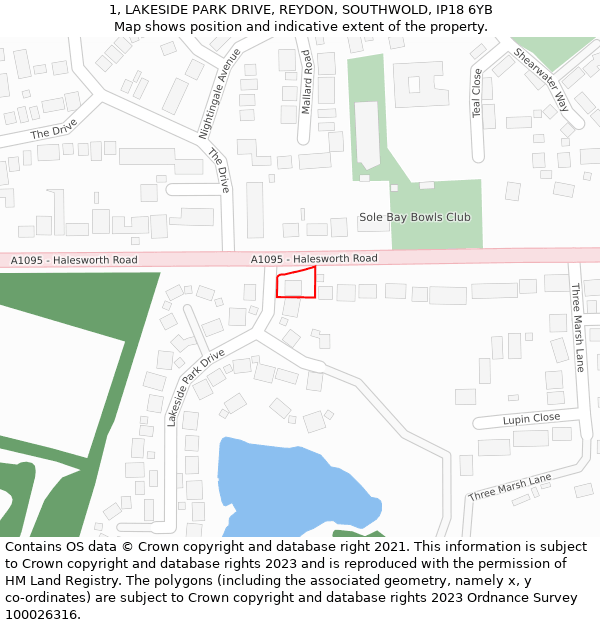 1, LAKESIDE PARK DRIVE, REYDON, SOUTHWOLD, IP18 6YB: Location map and indicative extent of plot