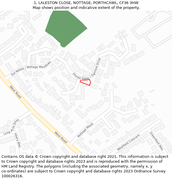 1, LALESTON CLOSE, NOTTAGE, PORTHCAWL, CF36 3HW: Location map and indicative extent of plot