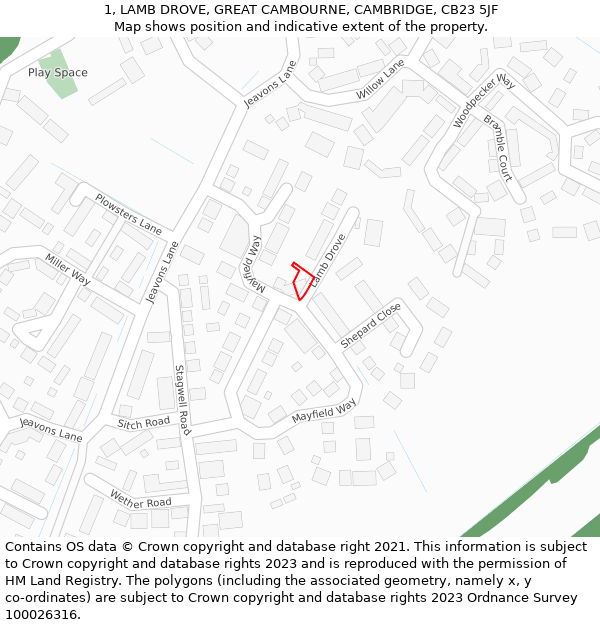 1, LAMB DROVE, GREAT CAMBOURNE, CAMBRIDGE, CB23 5JF: Location map and indicative extent of plot