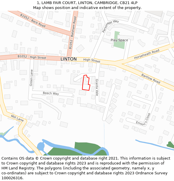 1, LAMB FAIR COURT, LINTON, CAMBRIDGE, CB21 4LP: Location map and indicative extent of plot