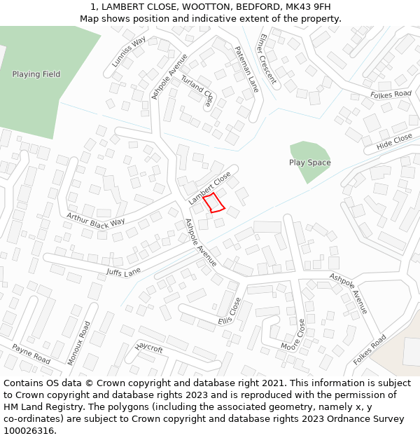 1, LAMBERT CLOSE, WOOTTON, BEDFORD, MK43 9FH: Location map and indicative extent of plot