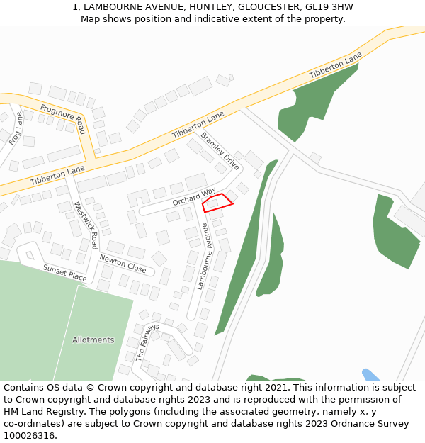 1, LAMBOURNE AVENUE, HUNTLEY, GLOUCESTER, GL19 3HW: Location map and indicative extent of plot